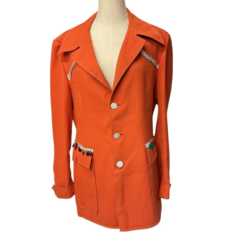 Vintage 70s Burnt Orange Blazer Jacket Dagger Collar‎ Embellishments Formal